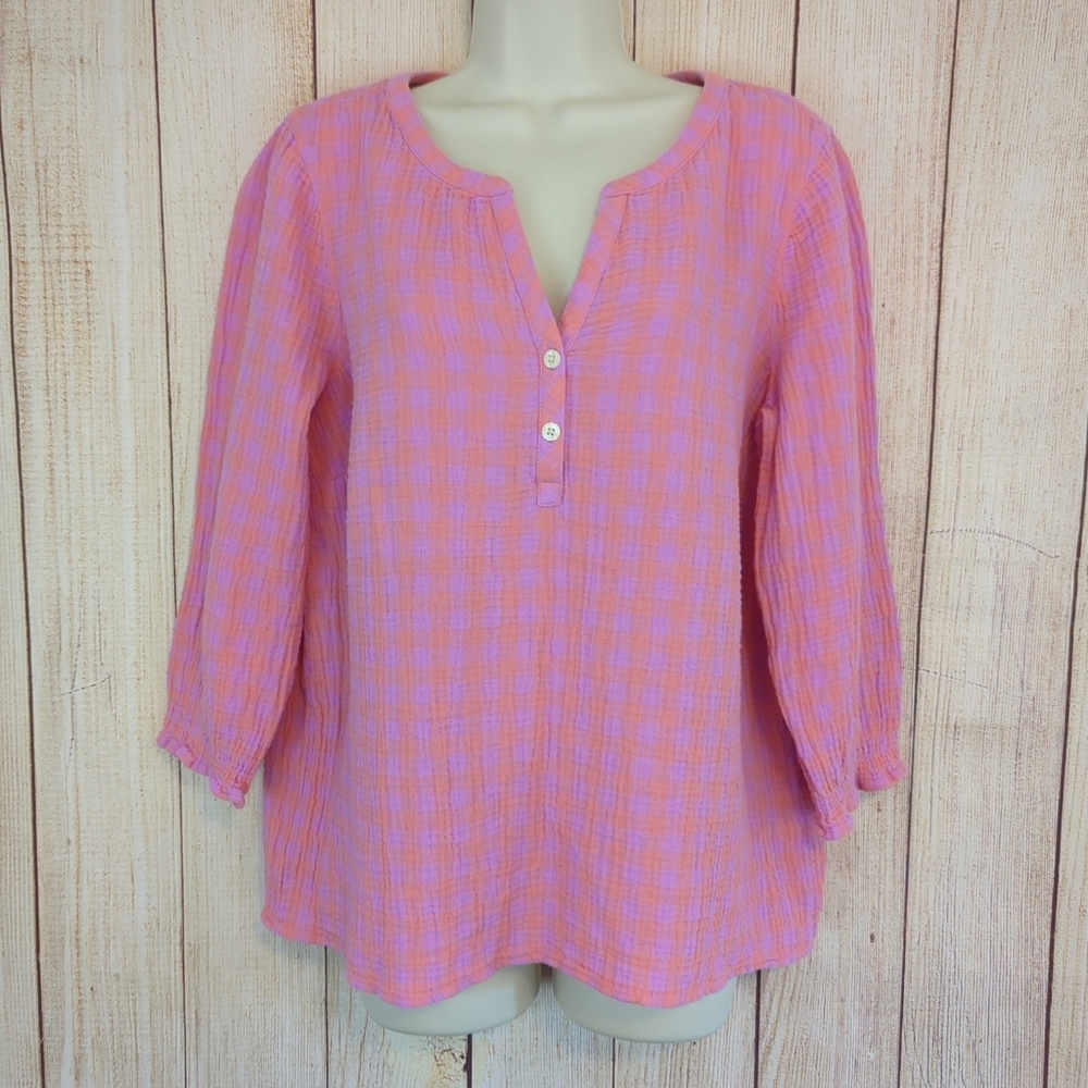 J.Jill Cotton Gauze Smocked Gingham Shirt  Medium